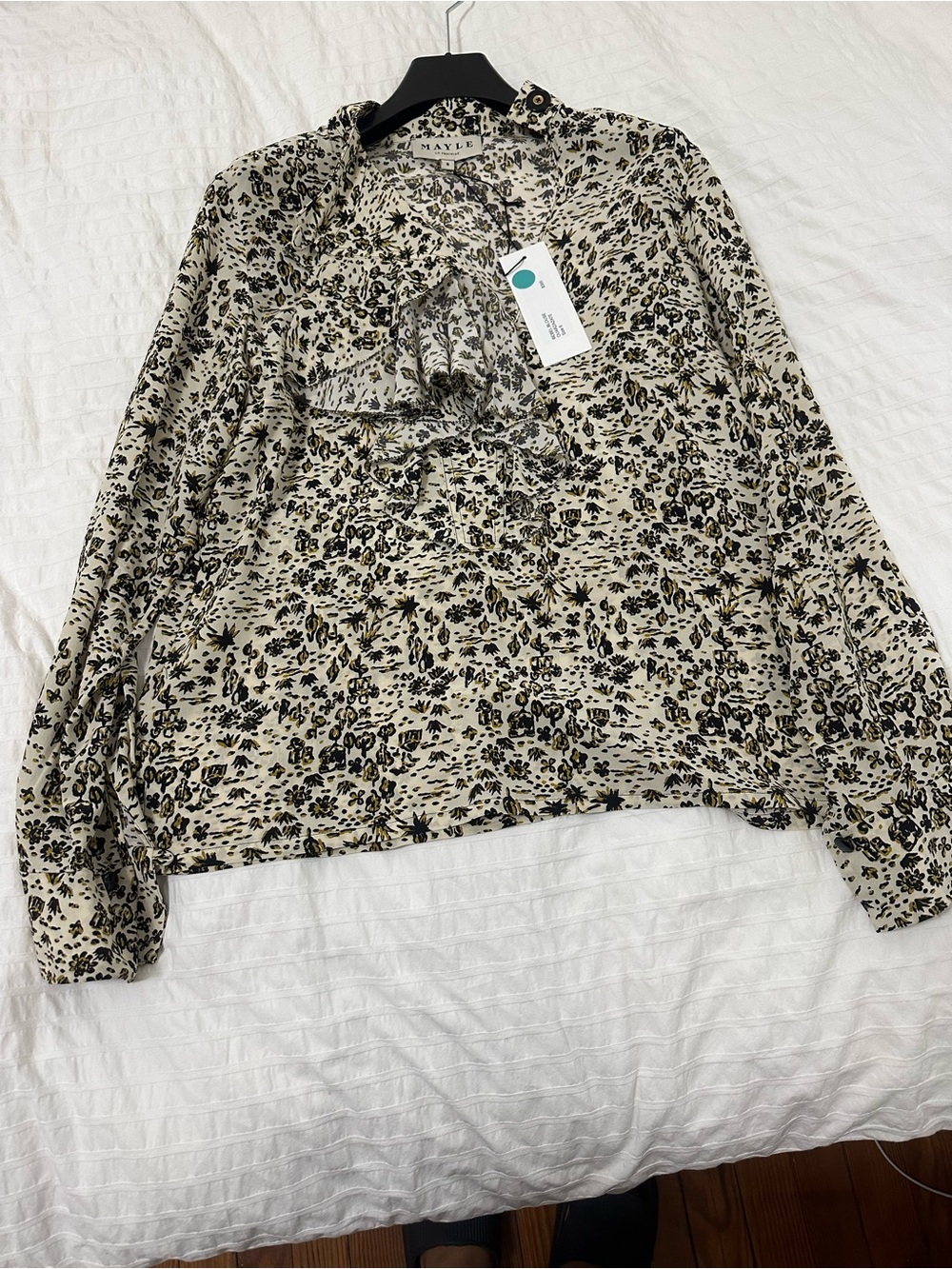MAYLE Cream Blouse with Black Floral Print and Tie Necked